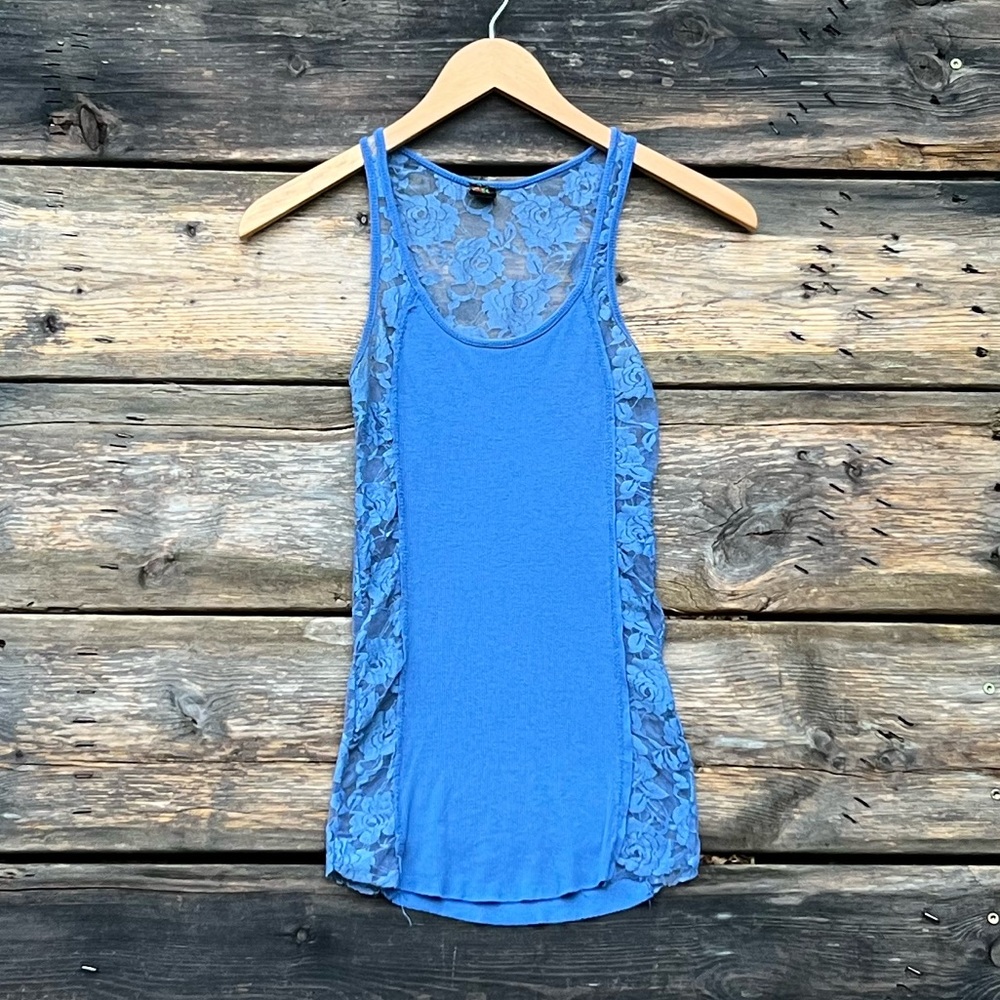 Poof Blue Scoop Neck Ribbed Tank Top Lace Panel Size Small